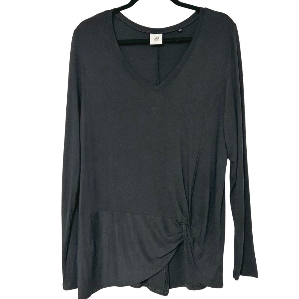 Cabi Black V-Neck Long Sleeve Front Knot Twist Top 3801 Womens Large